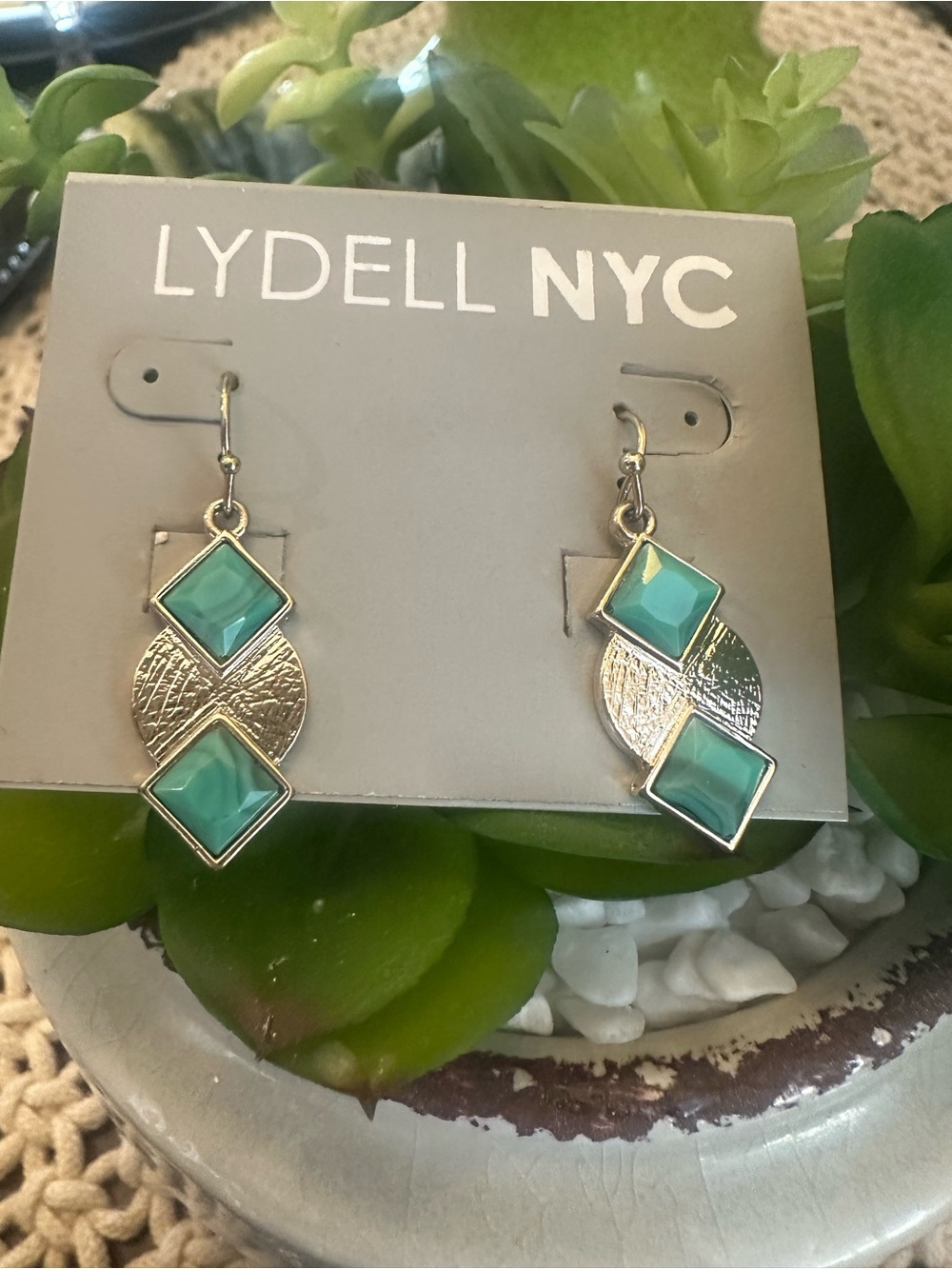 NWT Lydell NYC Geometric Dangle Earrings Green Gold Square Drop